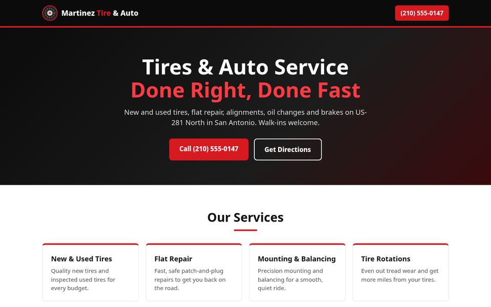 Screenshot of the Martinez Tire & Auto sample website: a dark header, the headline Tires and Auto Service Done Right, Done Fast, and a grid of services